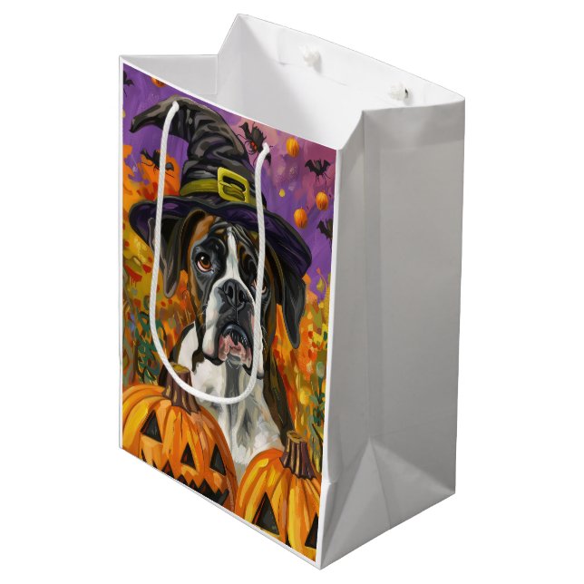 Spooky Boxer Halloween Witch And Pumpkin Medium Gift Bag (Front Angled)