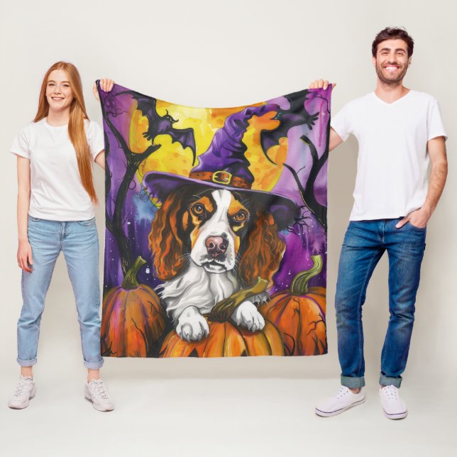Spooky Brittany Spaniel Halloween Witch Pumpkin  Fleece Blanket (In Situ)