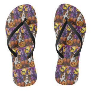 Spooky Brittany Spaniel Halloween Witch Pumpkin  Flip Flops