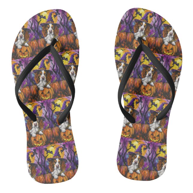 Spooky Brittany Spaniel Halloween Witch Pumpkin  Flip Flops (Footbed)