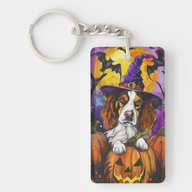 Spooky Brittany Spaniel Halloween Witch Pumpkin  Key Ring (Front)