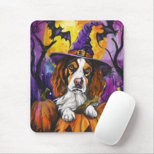 Spooky Brittany Spaniel Halloween Witch Pumpkin Mouse Mat