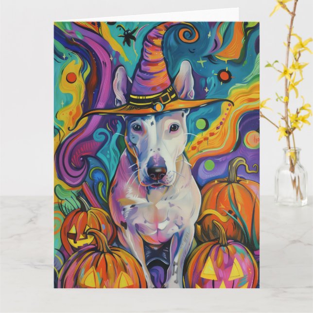 Spooky Bull Terrier Halloween Witch And Pumpkin Card (Yellow Flower)