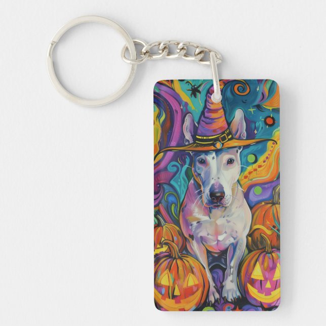 Spooky Bull Terrier Halloween Witch And Pumpkin Key Ring (Front)