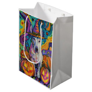 Spooky Bull Terrier Halloween Witch And Pumpkin Medium Gift Bag