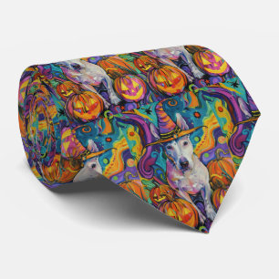 Spooky Bull Terrier Halloween Witch And Pumpkin Tie