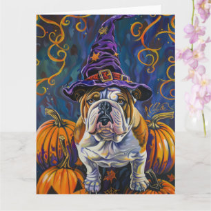 Spooky Bulldog Halloween Witch And Pumpkin Card