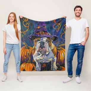 Spooky Bulldog Halloween Witch And Pumpkin Fleece Blanket