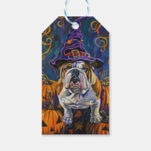 Spooky Bulldog Halloween Witch And Pumpkin Gift Tags