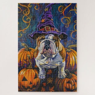 Spooky Bulldog Halloween Witch And Pumpkin Jigsaw Puzzle