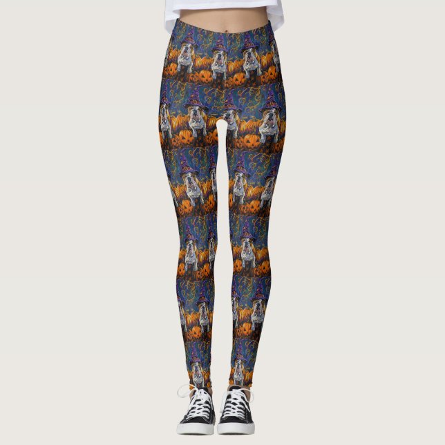 Spooky Bulldog Halloween Witch And Pumpkin Leggings (Front)