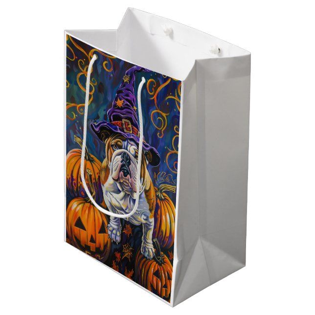 Spooky Bulldog Halloween Witch And Pumpkin Medium Gift Bag (Front Angled)
