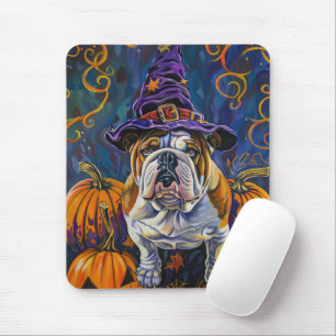 Spooky Bulldog Halloween Witch And Pumpkin Mouse Mat