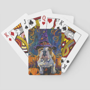 Spooky Bulldog Halloween Witch And Pumpkin Playing Cards