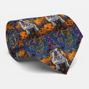 Spooky Bulldog Halloween Witch And Pumpkin Tie