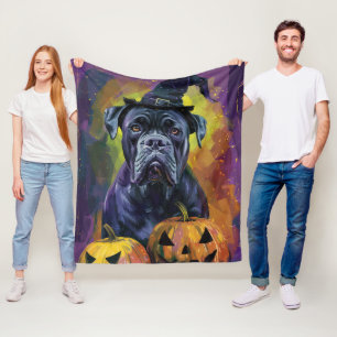 Spooky Bullmastiff Dog Halloween Witch And Pumpkin Fleece Blanket