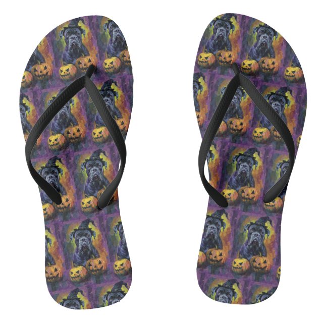 Spooky Bullmastiff Dog Halloween Witch And Pumpkin Flip Flops (Footbed)