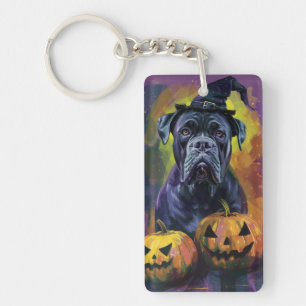 Spooky Bullmastiff Dog Halloween Witch And Pumpkin Key Ring