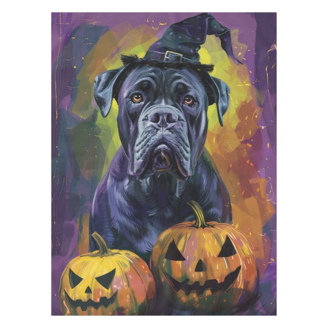 Spooky Bullmastiff Dog Halloween Witch And Pumpkin Tablecloth (Front)