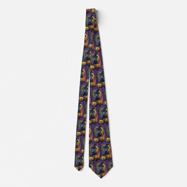 Spooky Bullmastiff Dog Halloween Witch And Pumpkin Tie (Back)