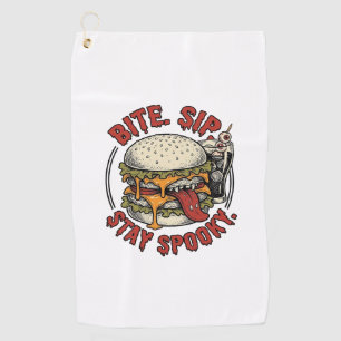 Spooky Burger Shirt Vintage Engraving Halloween Gr Golf Towel
