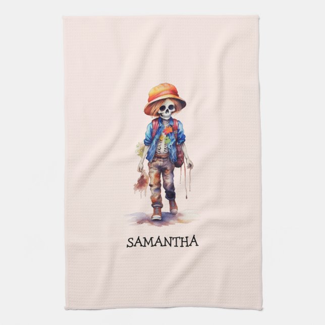 Spooky But Cute Zombie Kid – Adorable Macabre (3) Tea Towel (Vertical)