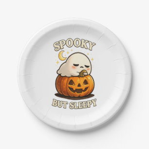 Spooky But Sleepy Cute Ghost Pumpkin Halloween Art Paper Plate