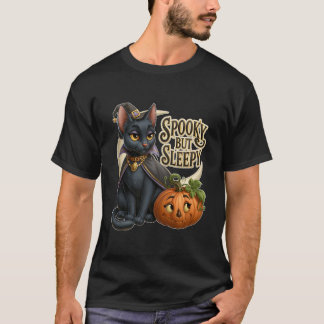 Spooky But Sleepy Cute Halloween Black Cat Pumpkin T-Shirt