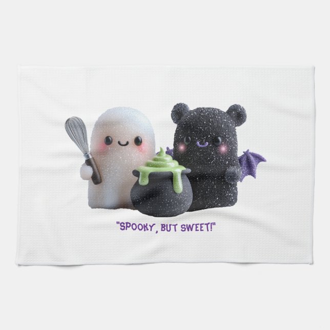 Spooky But Sweet Cute Ghost & Bear Kitchen Towel (Horizontal)