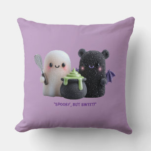 Spooky But Sweet Cute Ghost & Bear Throw Pillow