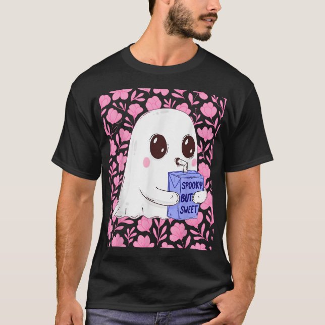 Spooky But Sweet Ghost With Floral Halloween Style T-Shirt (Front)
