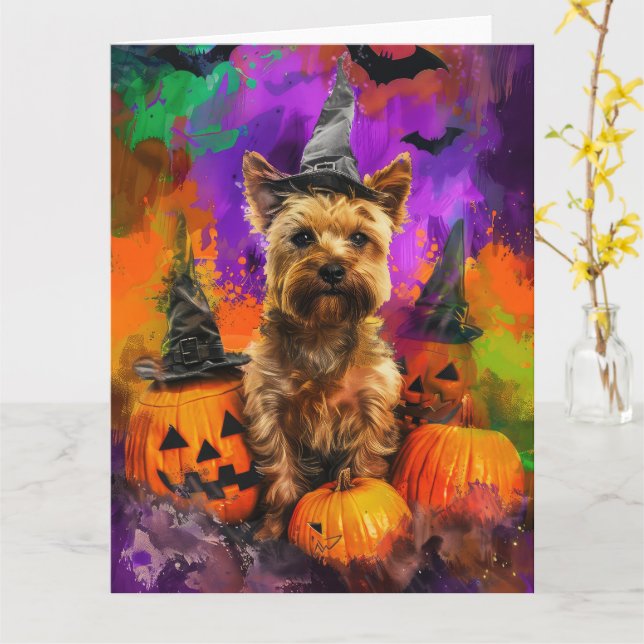 Spooky Cairn Terrier Dog Halloween Witch Pumpkin  Card (Yellow Flower)