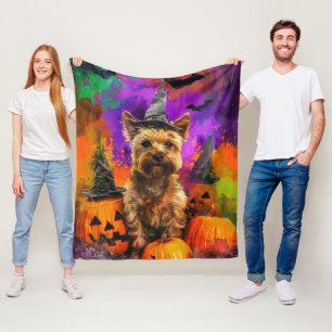 Spooky Cairn Terrier Dog Halloween Witch Pumpkin Fleece Blanket