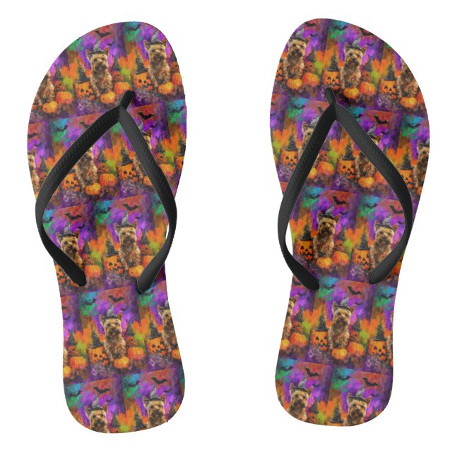Spooky Cairn Terrier Dog Halloween Witch Pumpkin  Flip Flops (Footbed)