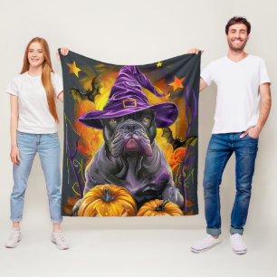 Spooky Cane Corso Dog Halloween Witch And Pumpkin Fleece Blanket