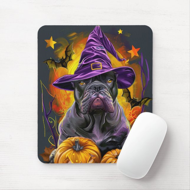Spooky Cane Corso Dog Halloween Witch And Pumpkin Mouse Mat (With Mouse)