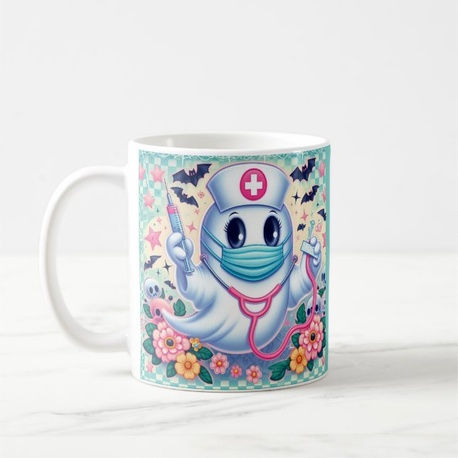 Spooky Cartoon Ghost Nurse: Halloween Art Coffee Mug (Left)
