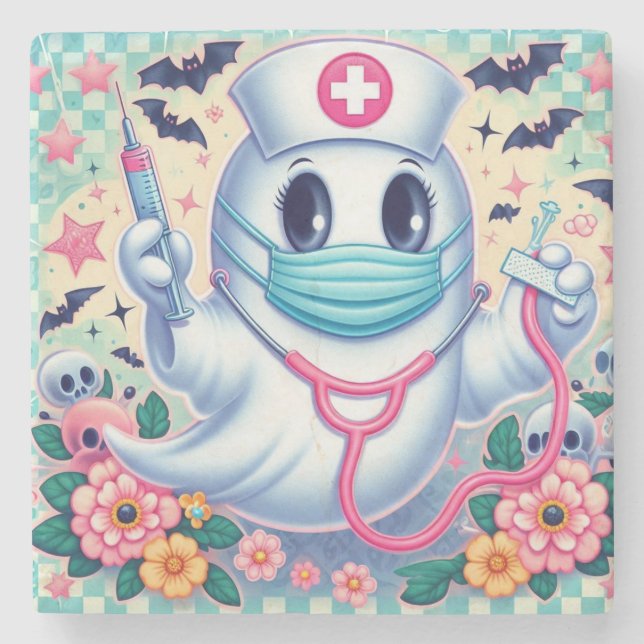 Spooky Cartoon Ghost Nurse: Halloween Art  Stone Coaster (Front)