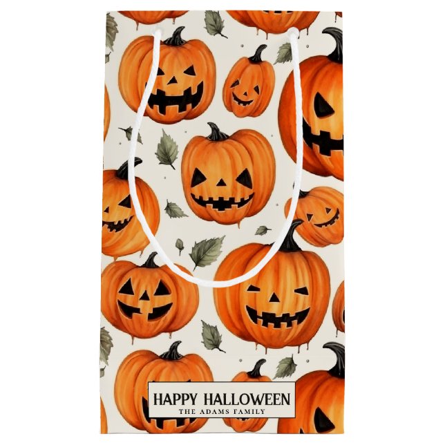 Spooky Carved Pumpkins & Fall Leaves Halloween Small Gift Bag (Front)