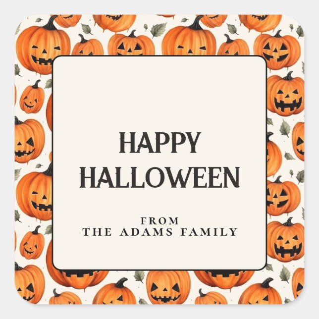 Spooky Carved Pumpkins & Fall Leaves Halloween Square Sticker (Front)