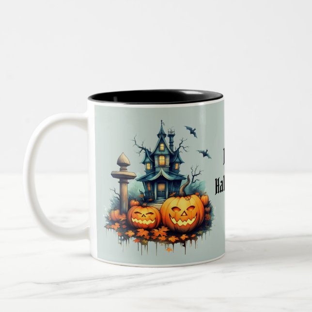Spooky Castle Happy Halloween Two-Tone Coffee Mug (Left)