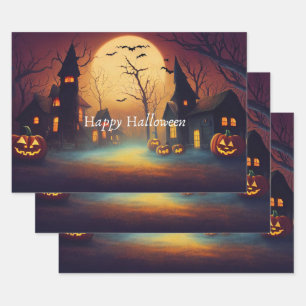Spooky Castle Moonlit Halloween Wrapping Paper Sheet