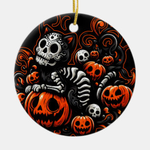 Spooky Cat and Pumpkins Ceramic Tree Decoration
