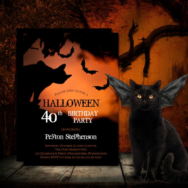Spooky Cat | Bats Halloween 40th Birthday Party Invitation (Spooky black cat and bats against an orange sky Halloween 40th Birthday Party Invitation)