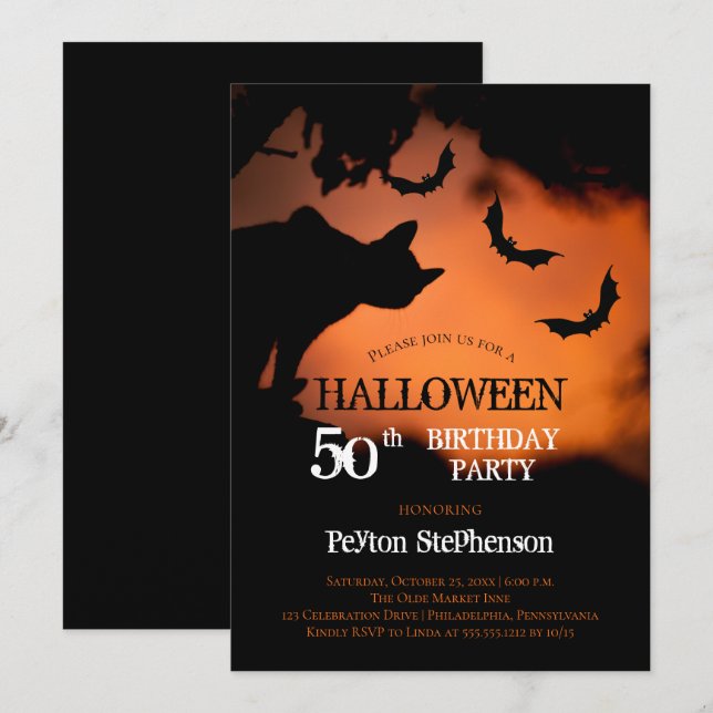 Spooky Cat | Bats Halloween 50th Birthday Party Invitation (Front/Back)