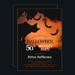 Spooky Cat | Bats Halloween 50th Birthday Party Invitation<br><div class="desc">Spooky cat silhouette on an orange night sky underneath a tree among swarming bats creepy Halloween 50th Birthday Party invitation.  Photo courtesy Saso Tusar via Unsplash.</div>