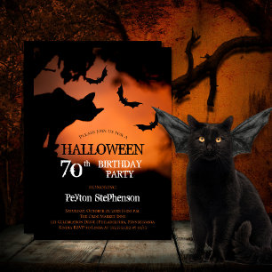 Spooky Cat   Bats Halloween 70th Birthday Party Invitation