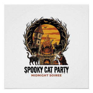 Spooky Cat Party Vintage Engraving Halloween Shirt Poster