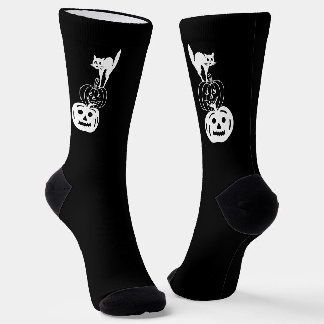 Spooky cat pumpkin jack o lantern cute Halloween Socks (Angled)