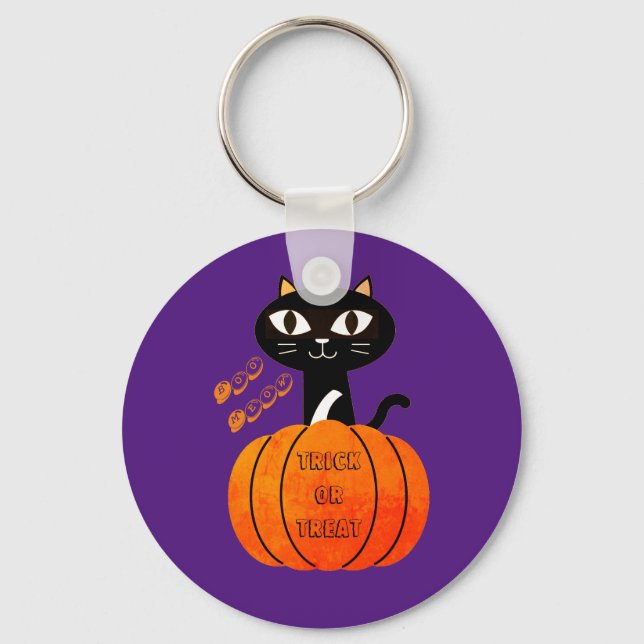 Spooky Cat Purple Black Orange Pumpkin Halloween Key Ring (Front)